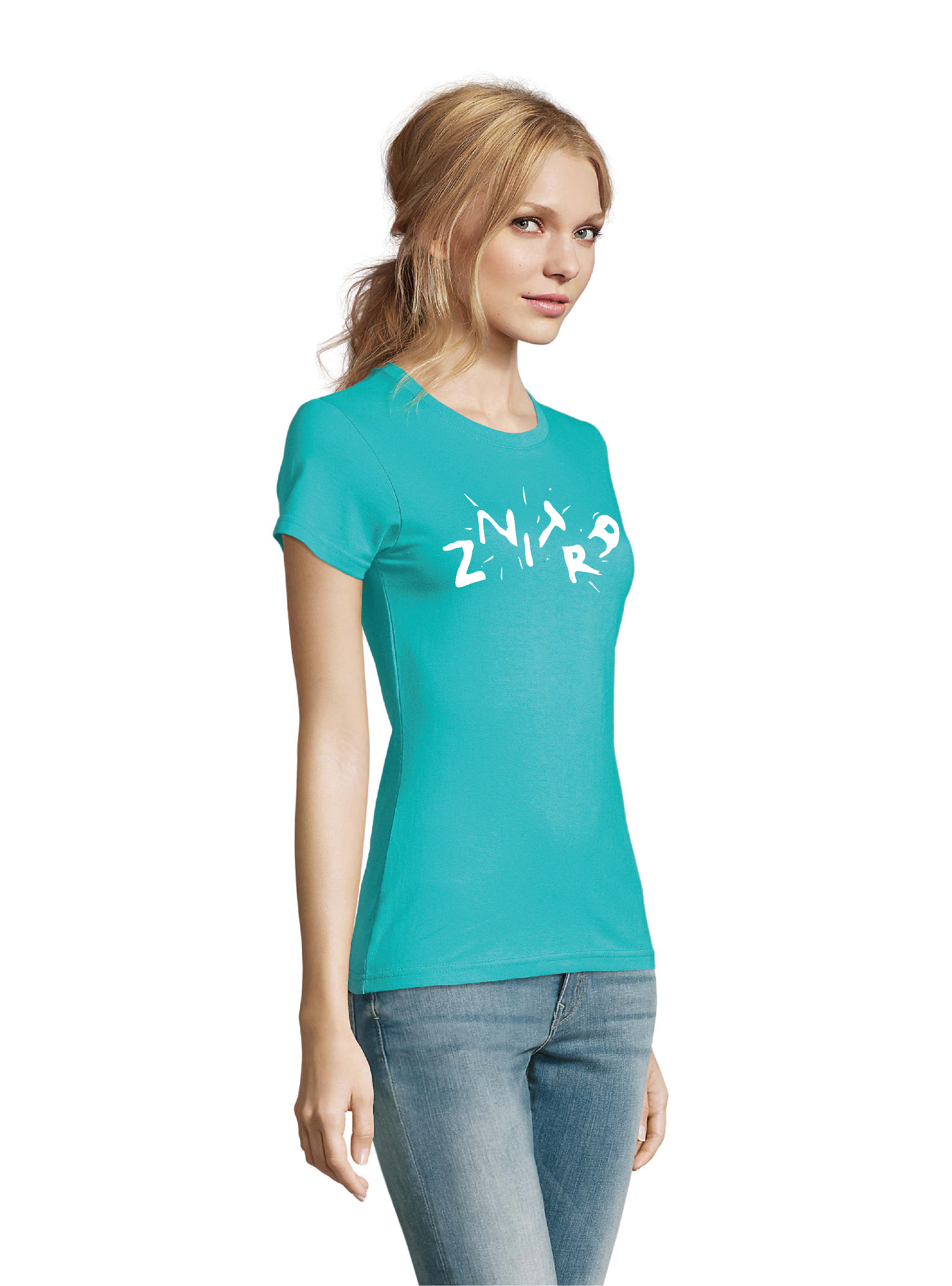 woman tshirt turquoise color side